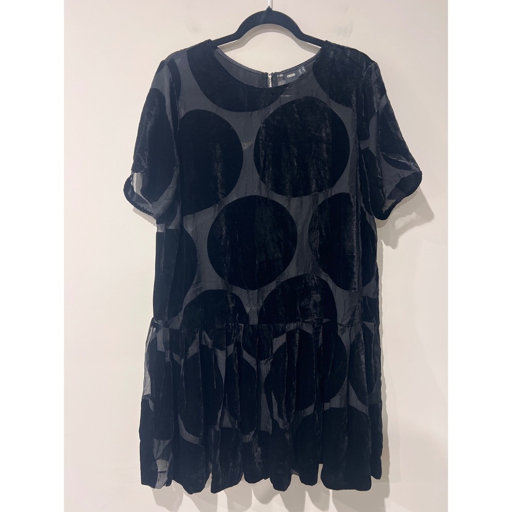 ASOS Women's Black Sheer Burnout Velvet Polka Dot Shift Dress Size 12 Babydoll